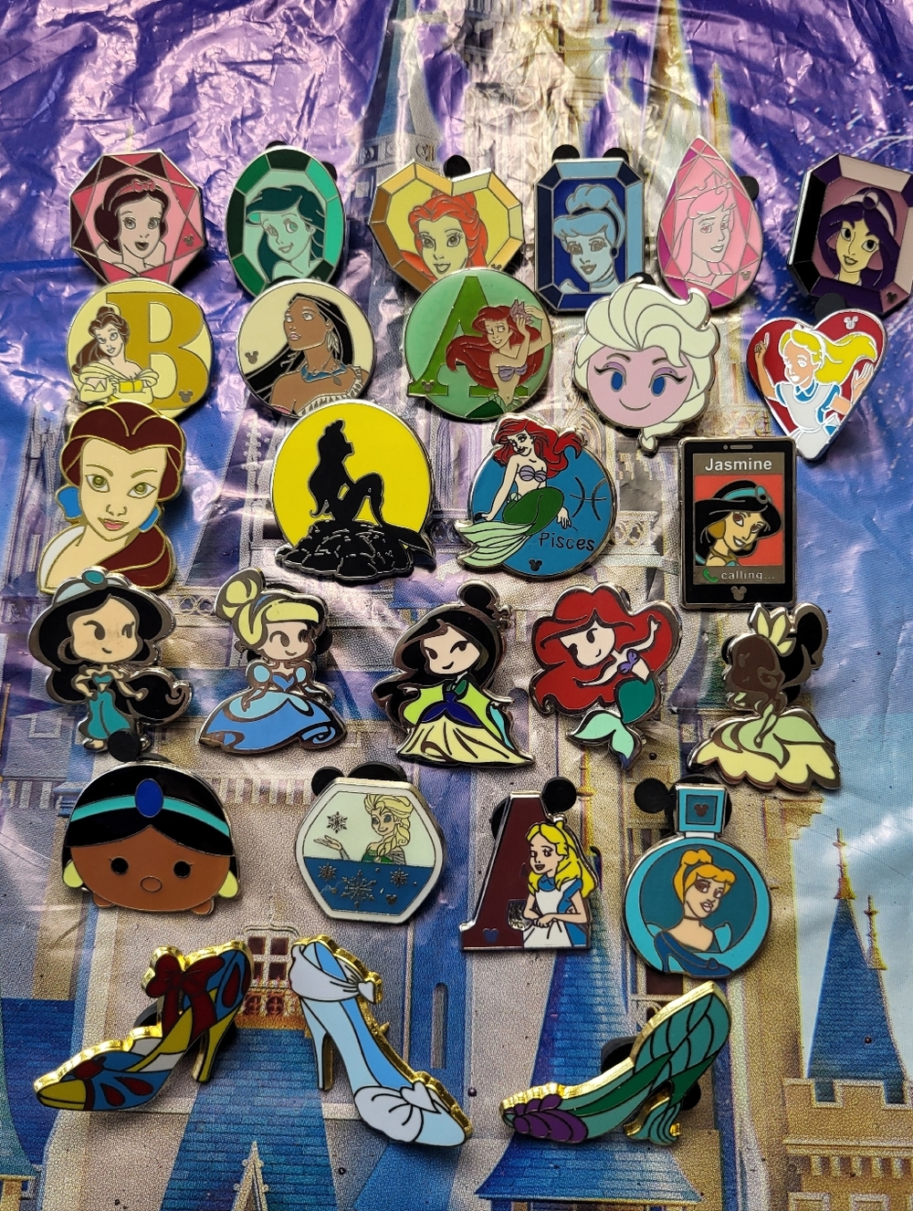Disney Princess Pin Collection-Cinderella, Ariel, Belle, Jasmine, Aurora, Tiana